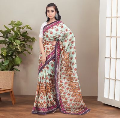 Multicolor Motif Printed Digital Saree | Baby-Blue Body with Contrast Aanchal & Border