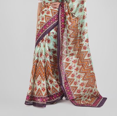 Multicolor Motif Printed Digital Saree | Baby-Blue Body with Contrast Aanchal & Border_img_3