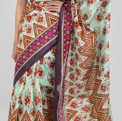 Multicolor Motif Printed Digital Saree | Baby-Blue Body with Contrast Aanchal & Border_img_4