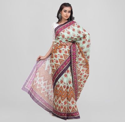 Multicolor Motif Printed Digital Saree | Baby-Blue Body with Contrast Aanchal & Border_img_5