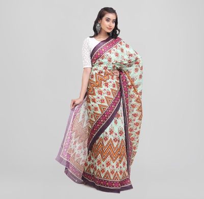 Multicolor Motif Printed Digital Saree | Baby-Blue Body with Contrast Aanchal & Border_img_6