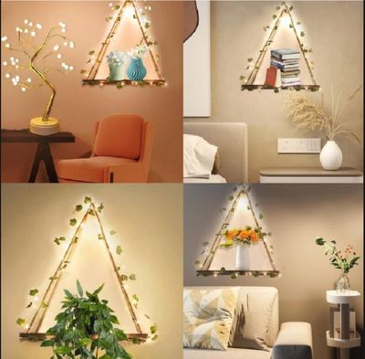 Set of 2 Hanging Shelves for Wall, Decor Shelves for Wall Floating Shelves Wood Shelves for Bedroom Boho Decor Plants Living Room Aesthetic Room Decor Set of 2 without Ivy Fairy Lights_img_5