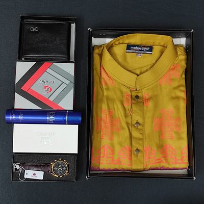 Printed Panjabi+ Wallet+ Olevs belt Watch+ Perfume Combo Pack_img_1