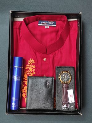 Printed Panjabi+ Wallet+ Olevs belt Watch+ Perfume Combo Pack_img_0