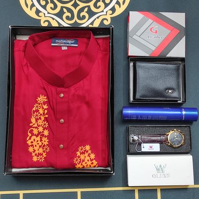 Printed Panjabi+ Wallet+ Olevs belt Watch+ Perfume Combo Pack_img_1