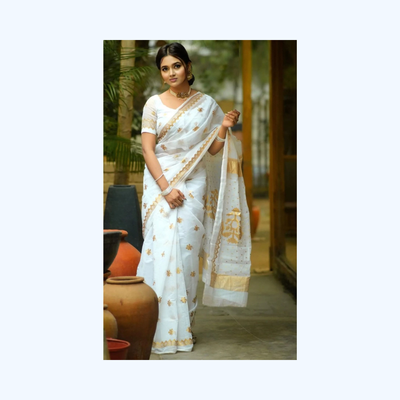 Premium Semi Muslin Saree – Skin & Afsan Print | Matching Blouse Piece_img_2