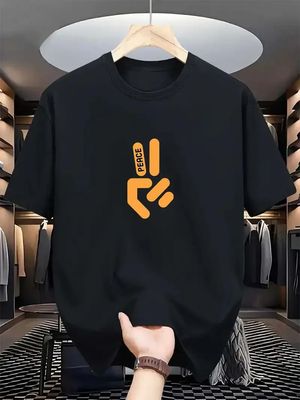 Men’s Peace Logo Graphic T-Shirt – Soft Cotton, Orange Geometric Print, Summer Casual Tee_img_0
