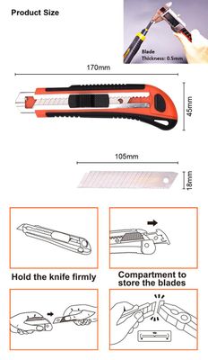 HARDEN 18mm Plastic Knife Metal Holder with 3pcs Replacement Blades, Paper Cutter Knife, Multi Hand Cutting Tool, Retractable Utility Knife; 570312_img_4