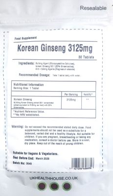 Korean Ginseng MAX 3125mg - 30 Tablets - Extra Potency Ginsenosides - Made in UK_img_1