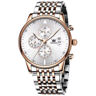OLEVS 2869 Gents Chronograph Watch Silver Dial Rose Golden Bezel Silver+Rose Golden Chain -TF Code- OL652CM_img_0