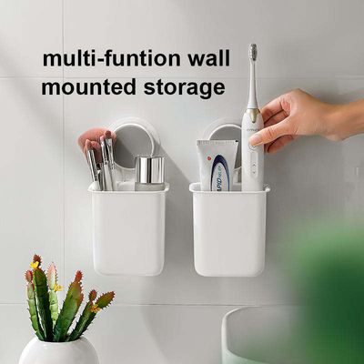 Toothbrush Holders, Bathroom Self Adhesive Shelf Toothbrush Rack Wall Hanging Toothpaste Organizer Kitchen Chopsticks Tableware Drain Storage Box_img_5