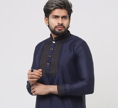 Herringbone cotton navy blue embroidery Panjabi_img_2