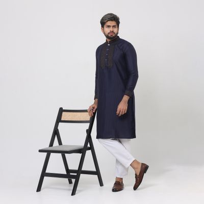 Herringbone cotton navy blue embroidery Panjabi_img_6