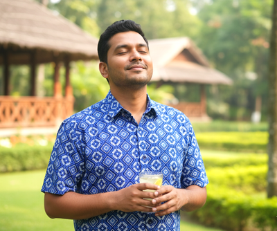 Elegant Royal Blue Printed Half Shirt- Premium Quality Traditional Wear_img_0