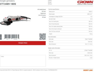 CROWN 7" Professional Angle Grinder with Soft Start, 2600W, 180mm, Rear switch; CT13489S - 180N_img_1