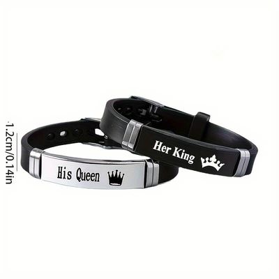 2pcs King and Queen Crown Stainless Steel Silicone Bracelet Set_img_4