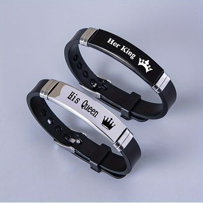2pcs King and Queen Crown Stainless Steel Silicone Bracelet Set_img_1