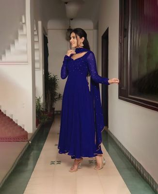 Black georgette plain heavy flair party wear gown_img_3
