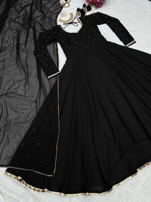 Black georgette plain heavy flair party wear gown_img_2