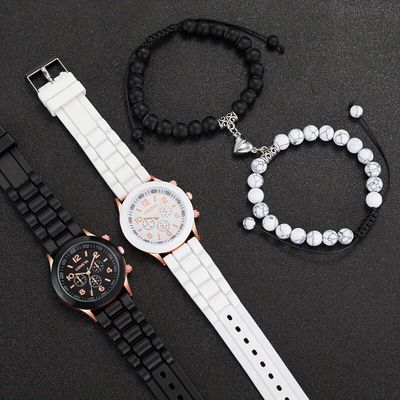 4pcs/set Couples Wrist Watch & Heart Matching Bracelets_img_3