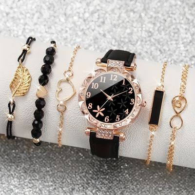 6pcs/set Women's Watch Casual Flower Quartz Watch Analog PU Leather_img_0