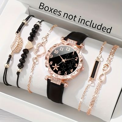 6pcs/set Women's Watch Casual Flower Quartz Watch Analog PU Leather_img_5