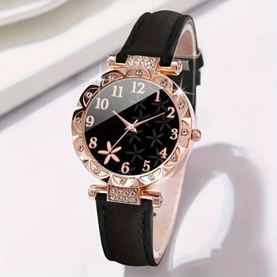 6pcs/set Women's Watch Casual Flower Quartz Watch Analog PU Leather_img_1