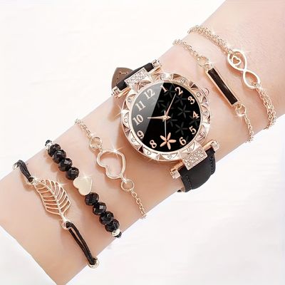 6pcs/set Women's Watch Casual Flower Quartz Watch Analog PU Leather_img_2