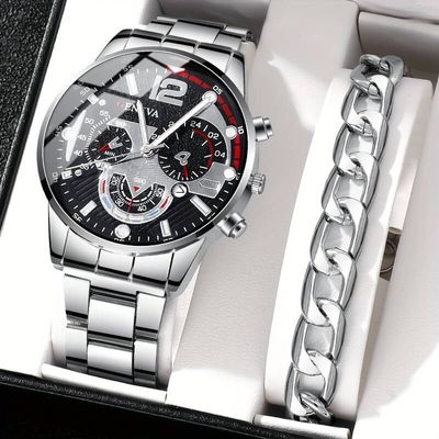 2 Pcs Silvery Quartz Watch And Alloy Bracelet_img_0