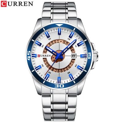 Curren 8359 Gents Chain Watch- Silver with Blue Markings Dial- Blue Bezel- Silver Chain- TF Code CR551CM_img_0