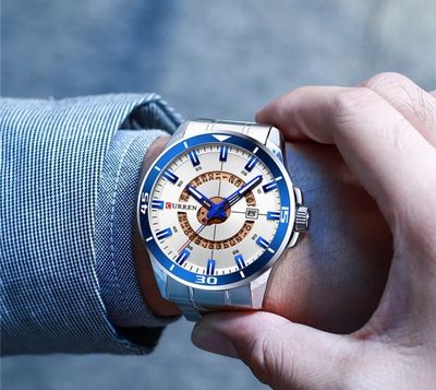 Curren 8359 Gents Chain Watch- Silver with Blue Markings Dial- Blue Bezel- Silver Chain- TF Code CR551CM_img_3