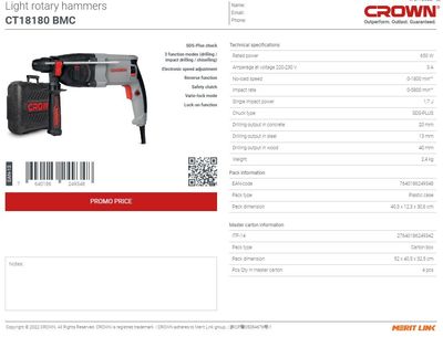 Crown 650w Rotary Hammer SDS-plus 20mm Model: CT18180_img_2