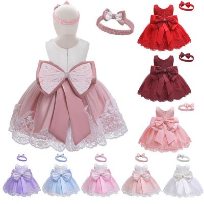 Baby Girls Princess Lace Bow Party Dress with Headband (0 to 4 years)_img_0
