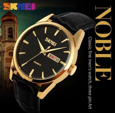 SKMEI 9073 Gents Belt Watch- Black Dial- Golden Bezel- Black Belt- TF Code SK302BM_img_1