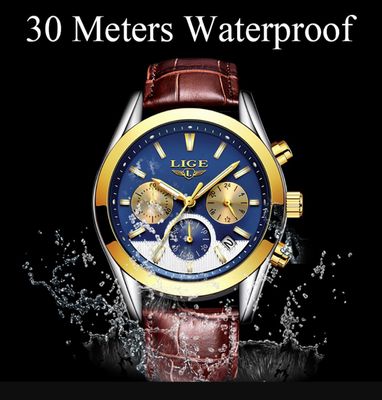 LIGE 9872 Gents Belt Watch- Blue+Golden+White Dial- Golden Bezel- Leather Color Belt- TF Code LG434BM_img_2