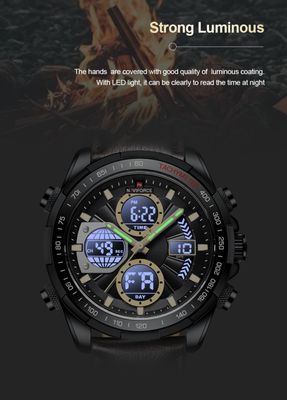 Naviforce 9197 Two Time Gents Belt Watch- Black Dial with Yellow Markings- Black Bezel- Chocolate Belt- TF Code NF817BM_img_7