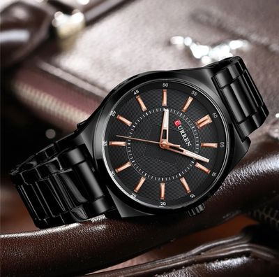 Curren 8407 Gents Chain Watch- Black Dial with Rose Golden Markings- Black Bezel- Black Chain- TF Code CR841CM_img_2