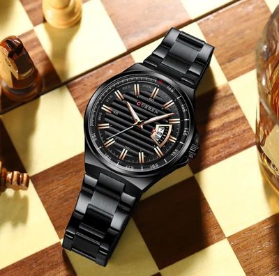 Curren 8375 Gents Chain Watch- Black Dial with Rose Golden Markings- Black Bezel- Black Chain- TF Code CR389CM_img_2
