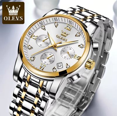 OLEVS 2858 Gents Chronograph Chain Watch- Silver Dial- Golden Bezel- Silver+Golden Chain -TF Code- OL654CM_img_1