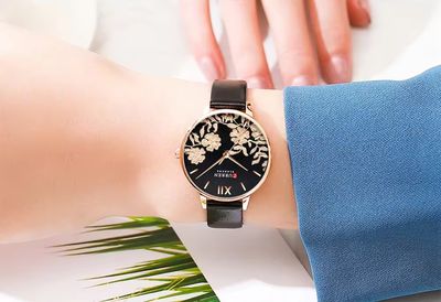 Curren 9065 Ladies Belt Watch- Black Dial with Rose Golden Floral Work- Rose Golden Bezel- Black Belt- TF Code CR753CF_img_3