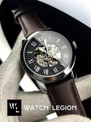 FOSSIL AUTO SILVER CASE BROWN BELT BLK DIAL