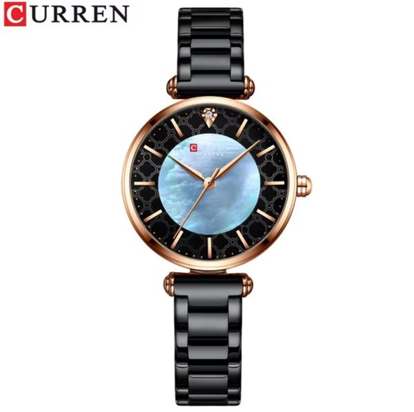 Curren 9072 Ladies Chain Watch- Shell Blue Dial- Rose Golden Bezel- Black Chain- TF Code CR350CF