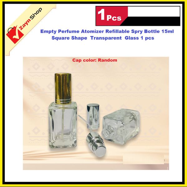 Empty Perfume Atomizer Refillable Spry Bottle 15ml Square Shape Transparent Glass 1 pcs Random color cap