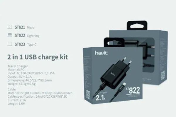 HAVIT® HV-ST822 2 In 1 USB Charge Kit With USB To Lightning Cable - Image 2