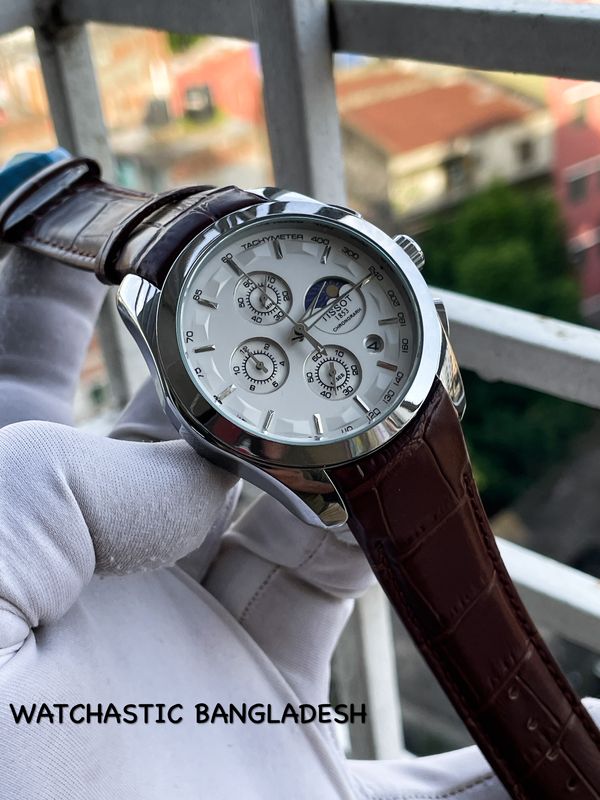 Tissot Chronograph Side Brown Belt Silver Body