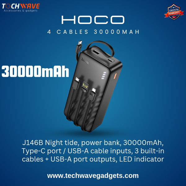 Hoco J146B Fast Charge 30000mAh PD Type-C 20W and USB-A with Digital Led Indicator Power Bank Black