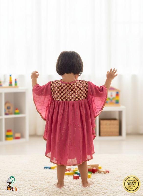 Baby Girl Eid Dress - Green & Gold Embroidered Frock - Palli পল্লী