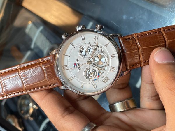 tommy hilfiger brown belt white dial aa