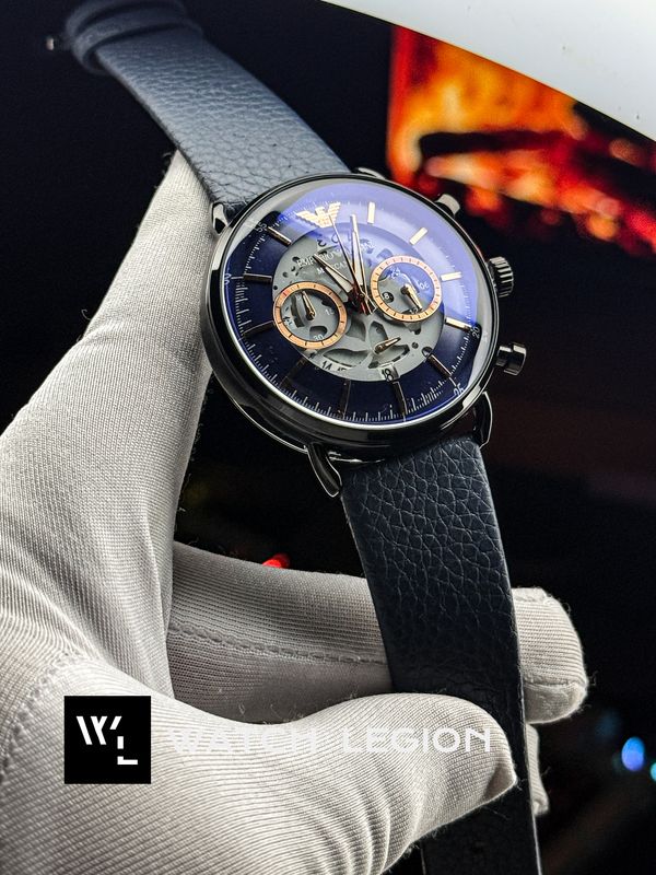 ARMANI OVAL GLASS BLACK CASE BLUE DIAL BLUE BELT ROSE GOLD DIGITS