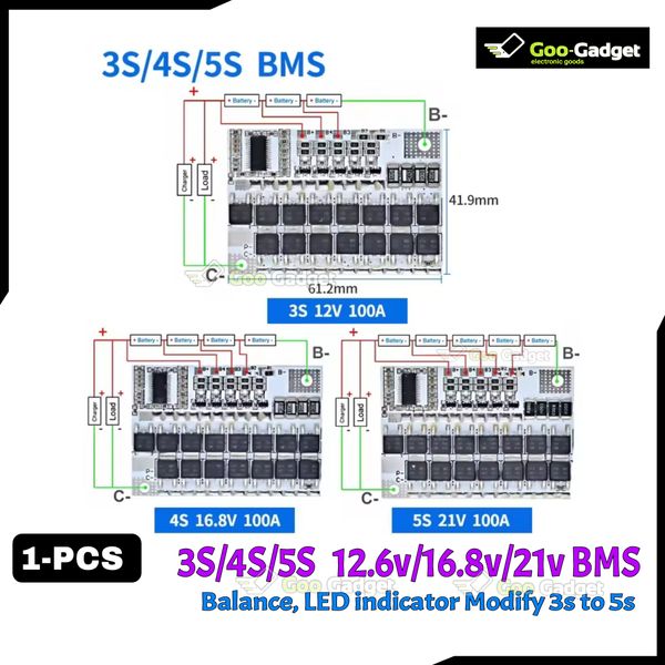 3S/4S/5S 100A BMS – 12V/16.8V/21V Li-ion Lithium Battery Protection Board with Balance Charging